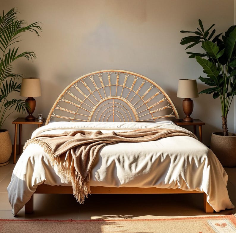 Boho Rattan Headboard, Handmade Wicker Bed Headboard, Natural Rattan ...