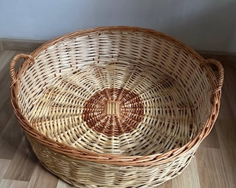 Handmade Round Wicker Basket, Natural Willow Storage Tray with Handles, Large Rustic Organizer for Home or Market