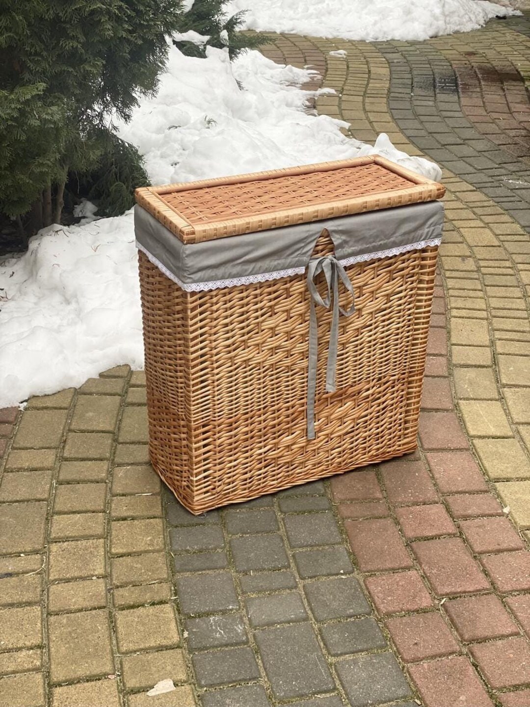 Natural Wicker Laundry Hamper With Lid and Fabric, Holder for Bathroom ...