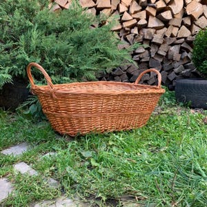May include: A woven brown wicker basket with two arched handles. The basket is oval-shaped and sits on a bed of green grass. The background includes green bushes and a stack of firewood.