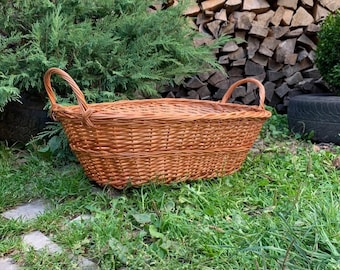 Large Handwoven Wicker Basket | Natural Willow Log Basket with Handles | Rustic Laundry Storage