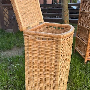 May include: A natural woven wicker storage basket with a hinged lid. The basket is light brown and has a rectangular shape. The basket is sitting on a bed of green grass.