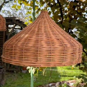 Pu&ograve; includere: Un lampadario a sospensione in vimini marrone appeso a un ramo d'albero. Il lampadario &egrave; rotondo e presenta un motivo intrecciato.