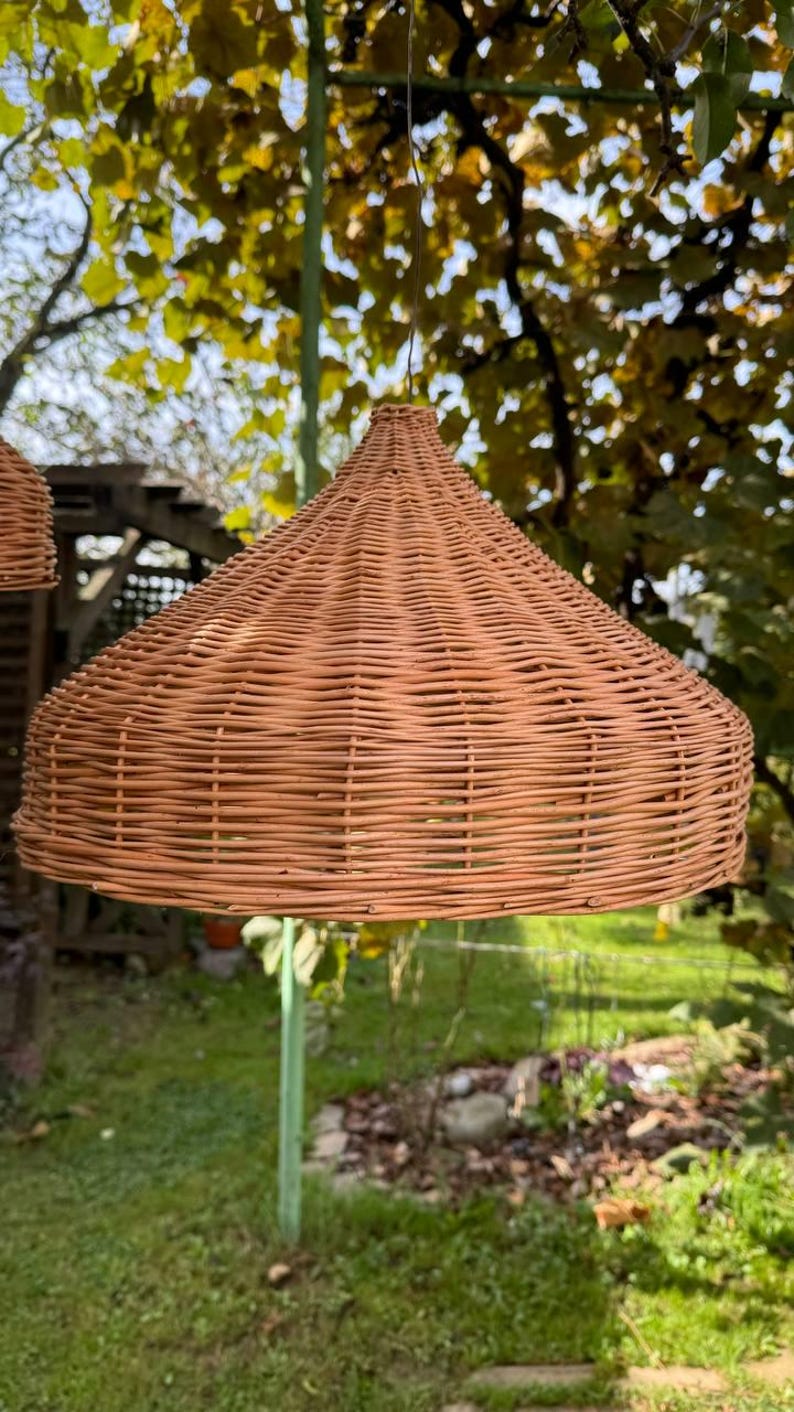Pu&ograve; includere: Un lampadario a sospensione in vimini marrone appeso a un ramo d'albero. Il lampadario &egrave; rotondo e presenta un motivo intrecciato.