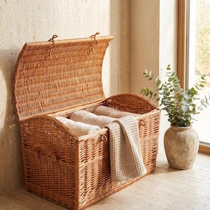 Op de afbeelding: Een rechthoekige opbergkist van gevlochten riet met een opengeklapt deksel. De kist is lichtbruin en bevat verschillende opgevouwen beige en witte handdoeken. Een handdoek met wafelstructuur hangt over de voorrand van de open kist.