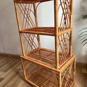 May include: A tall, natural woven wicker shelf unit with four shelves. The shelf unit is made of light brown wicker and has a geometric design.
