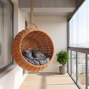 Puede incluir: Una cama colgante redonda para mascotas hecha de mimbre tejido de color marrón claro, suspendida por una correa resistente. Dentro de la estructura esférica, un gato gris está acurrucado sobre un cojín circular gris oscuro, descansando.