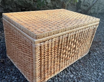 Baúl de mimbre hecho a mano con tapa, baúl de ratán natural, organizador de cesta grande para el hogar o el dormitorio
