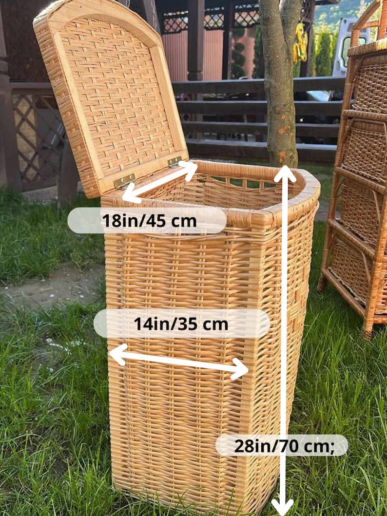 May include: A large wicker storage basket with a lid. The basket is 28 inches tall, 14 inches wide, and 18 inches deep.