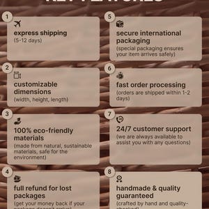 May include: Key features of a product, including express shipping, customizable dimensions, eco-friendly materials, fast order processing, 24/7 customer support, full refund for lost packages, and handmade quality.