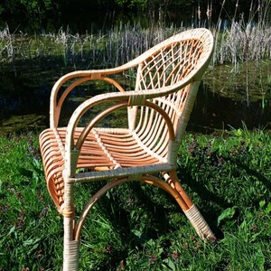 May include: A wicker chair with a natural brown finish. The chair has a high back and arms, and is made of woven rattan. The chair is sitting on a bed of green grass.