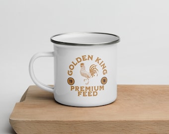 Golden King Feed emaille mok, kip koffiemok, kip eigenaar cadeau
