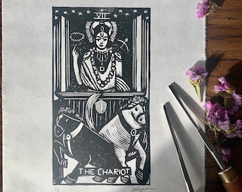 The Chariot- linocut print | original tarot | tarot card | bookshelf art | spiritual | indian art | handmade gift | Krishna | Hindu | Gita
