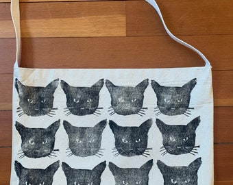 Black Cat Tote | Tote with Pocket | block printed | grocery bag | farmer's market | reusable bag | laptop bag | shoulder bag