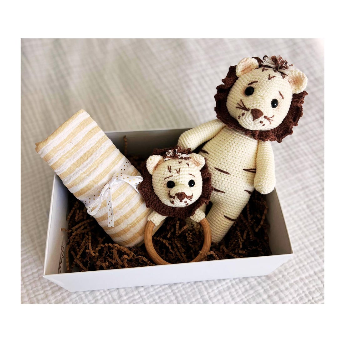 Handmade Amigurumi Lion Baby Gift Set | 10" Crochet Lion + 36"x40 ...