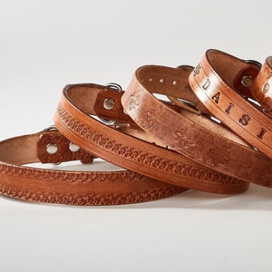 Leather Dog Collar - Hand-Tanned with Custom hand-stamped Patterns,  Personalized leather Name Tag, size: 3/4&quot;; 1&quot;; 1-1/4  width;