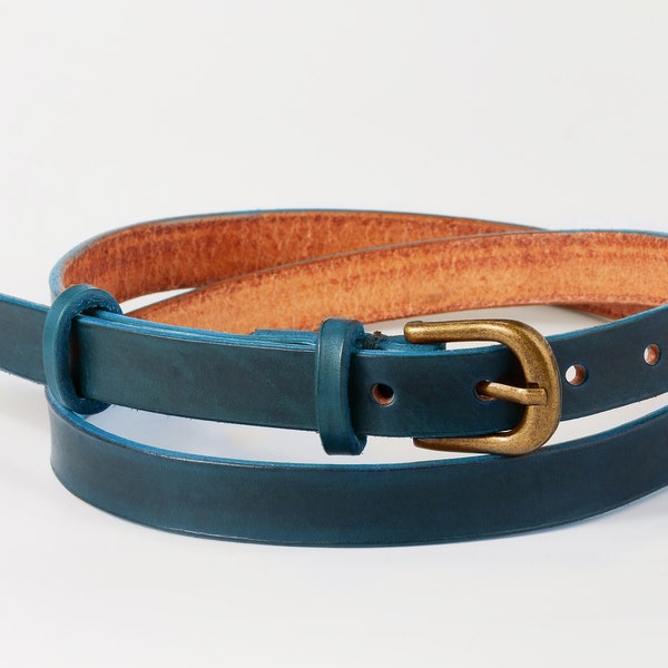 Women leather belt handmaid and hand-tanned italian leather, Dress belt, 3/4 inch Turquoise / Brown