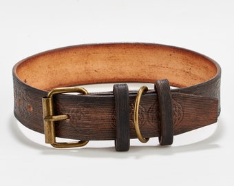 Celtic Leather Dog Collar - Hand-Tanned with natural Italian Ink and leather, Dark Oak | Free shipping