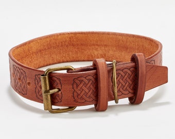 Celtic Leather Dog Collar - Hand-Tanned with natural Italian Ink and leather, Brown | Free shipping