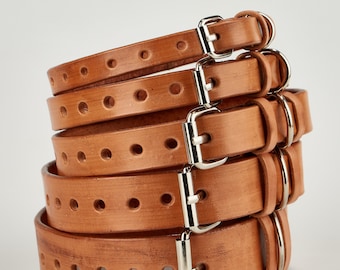 Leather Dog Collar - Hand-tanned with natural Italian/Turkish leather, Name Stamping, sizes: 1/2; 5/8; 3/4", 1", 1.25"- width; 25" - length