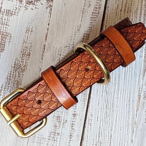 May include: A brown leather dog collar with a decorative pattern and brass hardware. The collar features a detailed, embossed design and a sturdy buckle. The overall aesthetic is rustic and handcrafted.
