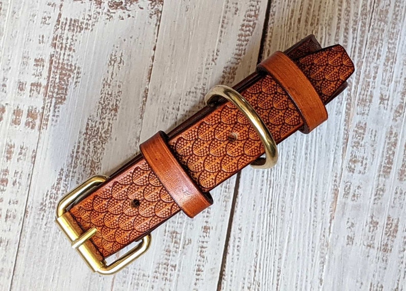 May include: A brown leather dog collar with a decorative pattern and brass hardware. The collar features a detailed, embossed design and a sturdy buckle. The overall aesthetic is rustic and handcrafted.