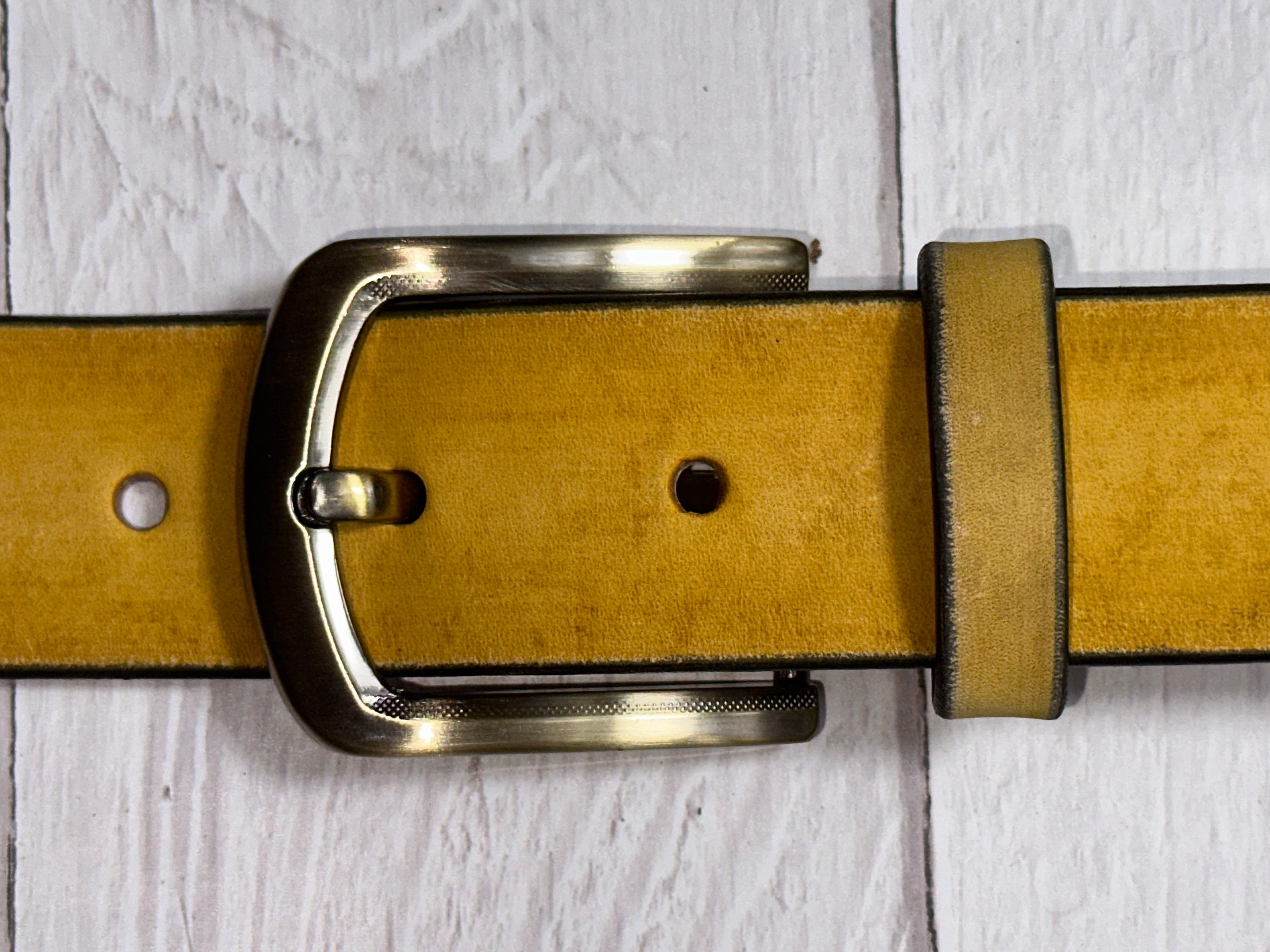 Custom Handmade Leather Belt: Yellow Italian Ink, Brass 