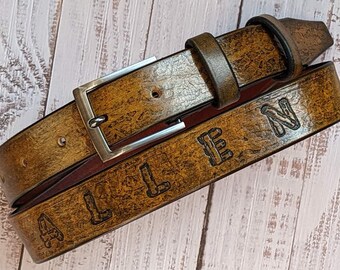 Custom Engraved Handmade,Leather Name Belt,Personalized Leather Belt,Tooled Leather Belt with Name and Initials