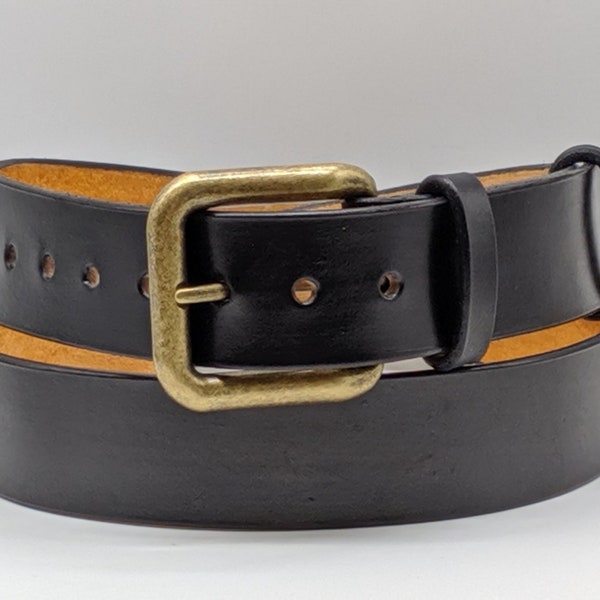 Custom Handmade leather belt. Italian ink, Black, brass buckle. Classic belt  1-1/2"