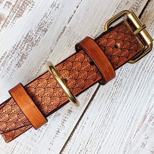 May include: A brown leather dog collar with a brass buckle and ring. The collar has a detailed, embossed pattern of overlapping circles. The leather is a warm, natural brown colour, and the hardware is a shiny gold.