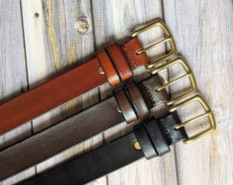 Personalized Leather Belt: Custom Engraved Italian Buffalo Leather, Brass buckle, Width 1 1/4