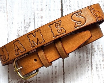 Custom Engraved Handmade Leather Belt with Name and Initials Personalized Gifts for Him 1-1/2" Chestnut