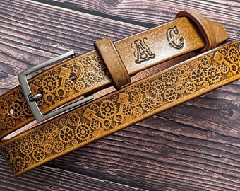 Custom Engraved Handmade,Leather Name Belt,Personalized Leather Belt,Tooled Leather Belt with Name and Initials