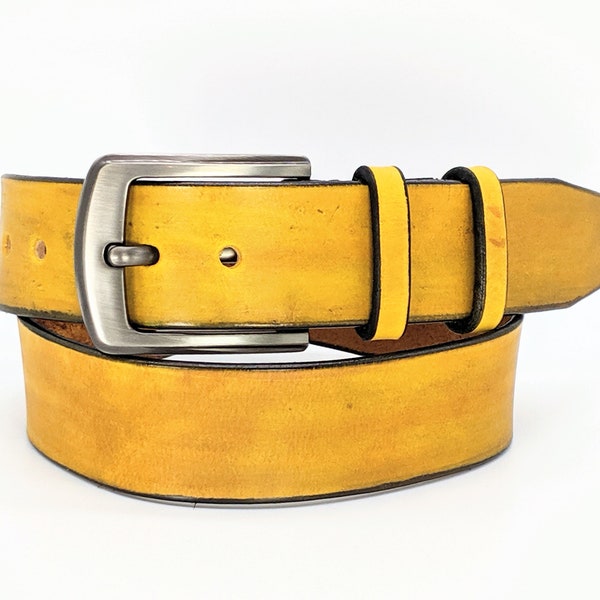 Custom Handmade leather belt. Italian ink, Yellow, Gun Metal buckle. Classic Style, Gift for him/her