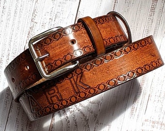 Custom Engraved Handmade Leather Belt with Name and Initials Personalized Gifts for Him 1-1/2" Chestnut