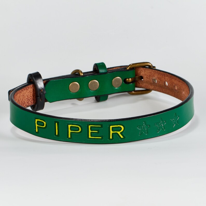 May include: Green leather dog collar with a brass buckle and three brass rivets. The collar is personalized with the name "PIPER" in yellow lettering and three yellow stars.