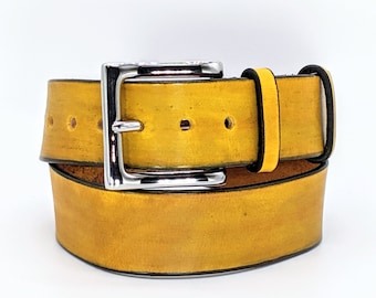 Custom Handmade Leather Belt. Italian Ink, Yellow, Nickel