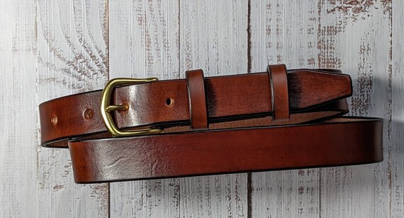 Custom Red Leather Belt With Initials Engraving Burnished 