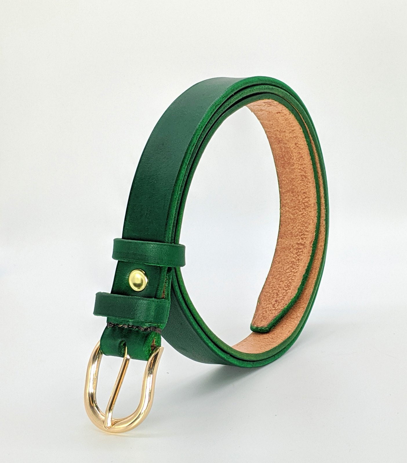 Two Tone Tan Italian Leather 1.5" Jeans Belt with Green Edging Two Tone Tan Italian Leather 1.5" Jeans Belt with Green Edging