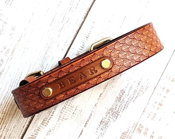 May include: A brown leather dog collar with a scale pattern and the name "BEAR" embossed on it. The collar has gold-colored hardware, including a buckle and rivets. The leather is a warm, reddish-brown color.