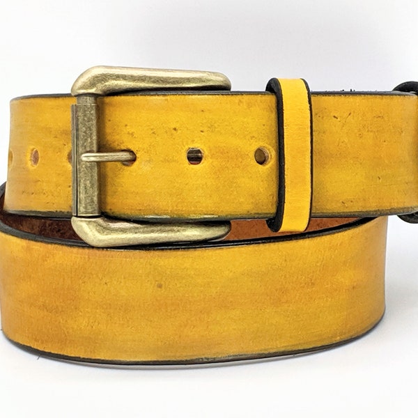 Custom Handmade leather belt. Italian ink, Yellow, Brass buckle. Classic Style, Gift for him/her
