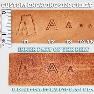 May include: A leather belt size chart showing different sizes of letter 'A' engravings. The chart includes a ruler for reference. The text "CUSTOM ENGAVING SIZE CHART" and "INNER PART OF THE BELT" is visible. The text "SPECIAL COATING HAVE TO BE APPLIED." is also visible.