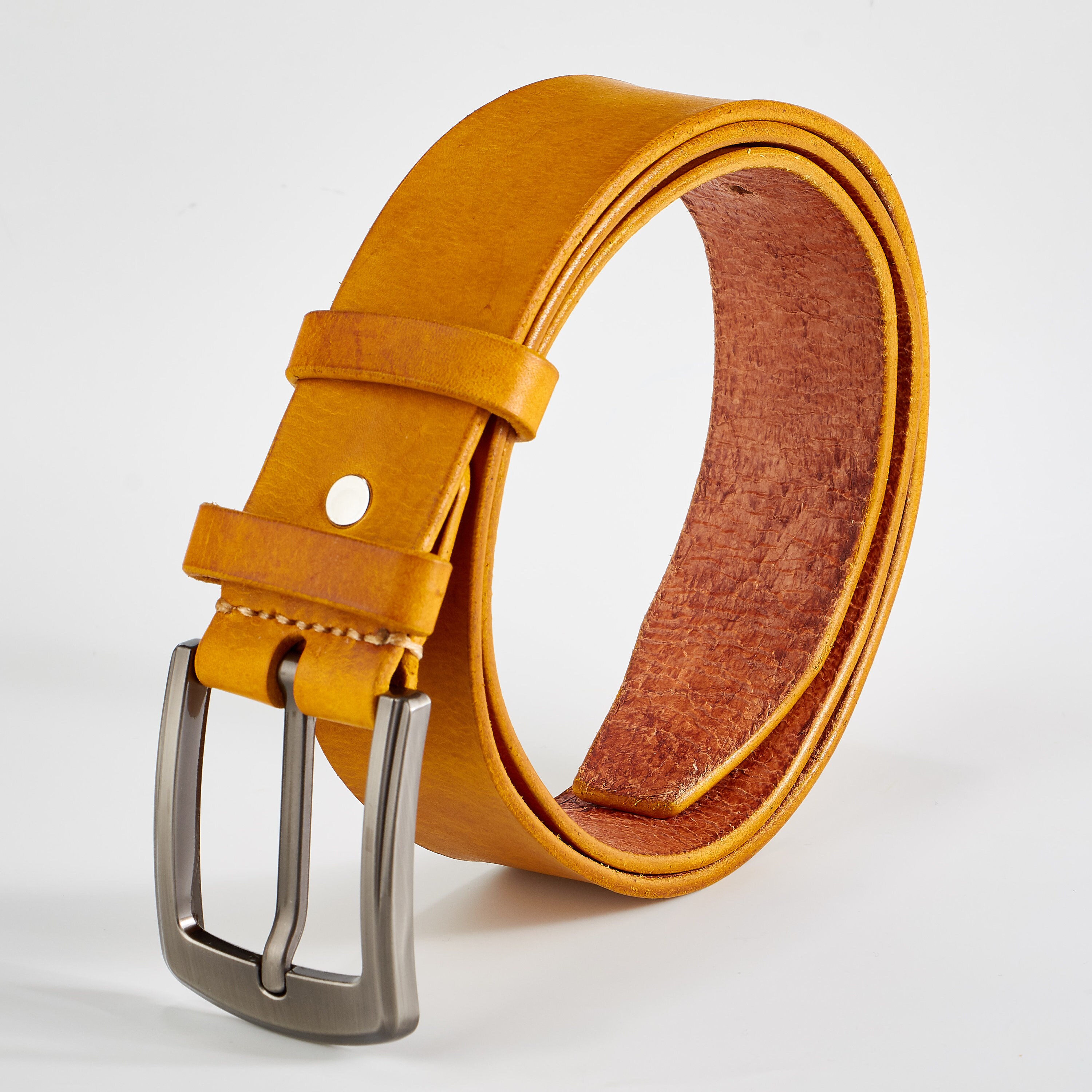 Genuine Leather Handcrafted Mustard Yellow Leather Belt Horse Embroidered Buckle Handmade Leather Belt with Brass Horseshoe Buckle – Crittenden main image 3