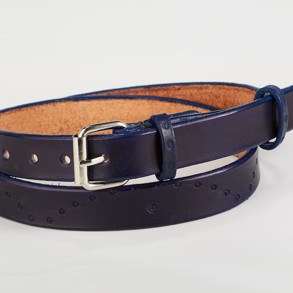 Women leather belt handmaid and hand-tanned Women belts, Womens leather belt, Hand tooled dot pattern, 1 inch Navy