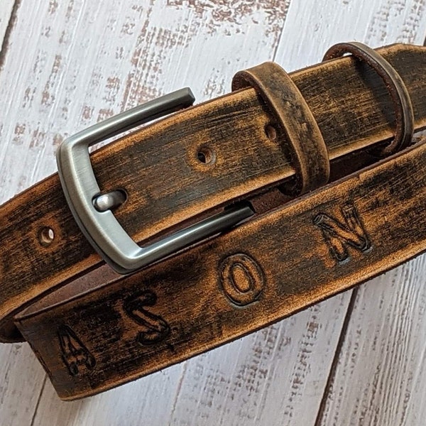 Custom Engraved Handmade Leather Belt with Name and Initials Personalized Gifts for Him 1-1/2" Chestnut