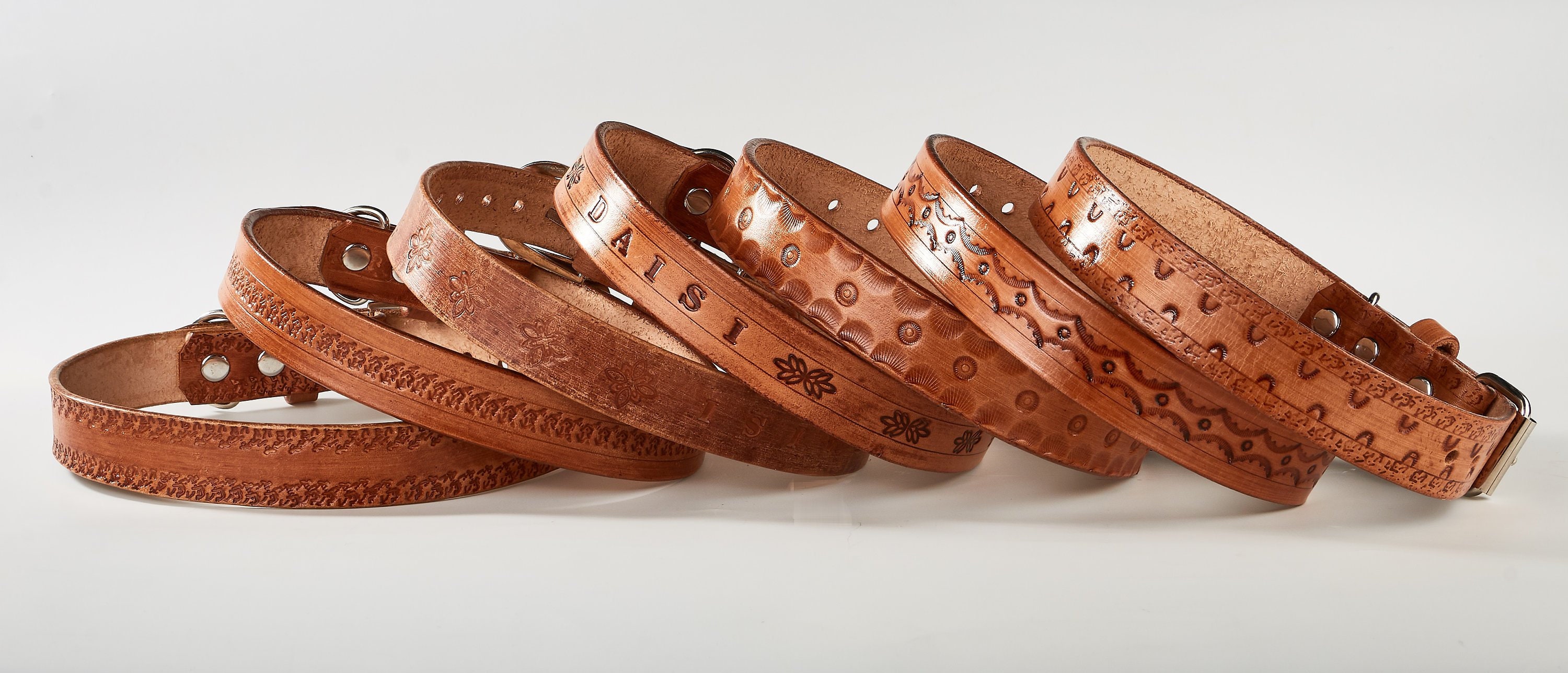 Leather Dog Collar Hand Tanned With Custom Stamped Patterns Personalized Name Tag Size 3 4 1 Width