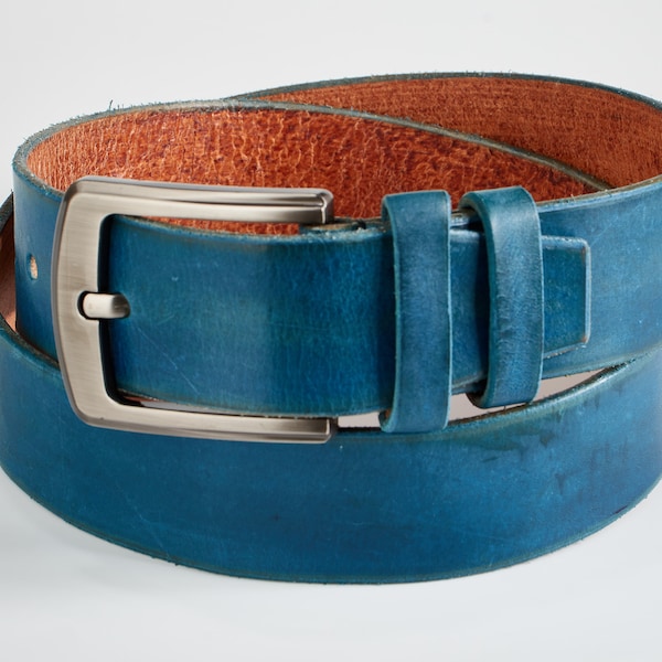 Custom Handmade leather belt. Italian ink, Turquoise, silver buckle. Classic belt