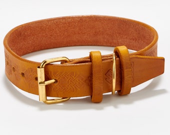 Leather Dog Collar - Hand-Tanned with natural Italian Ink and leather, Celtic Style Mustard Yellow | Free shipping