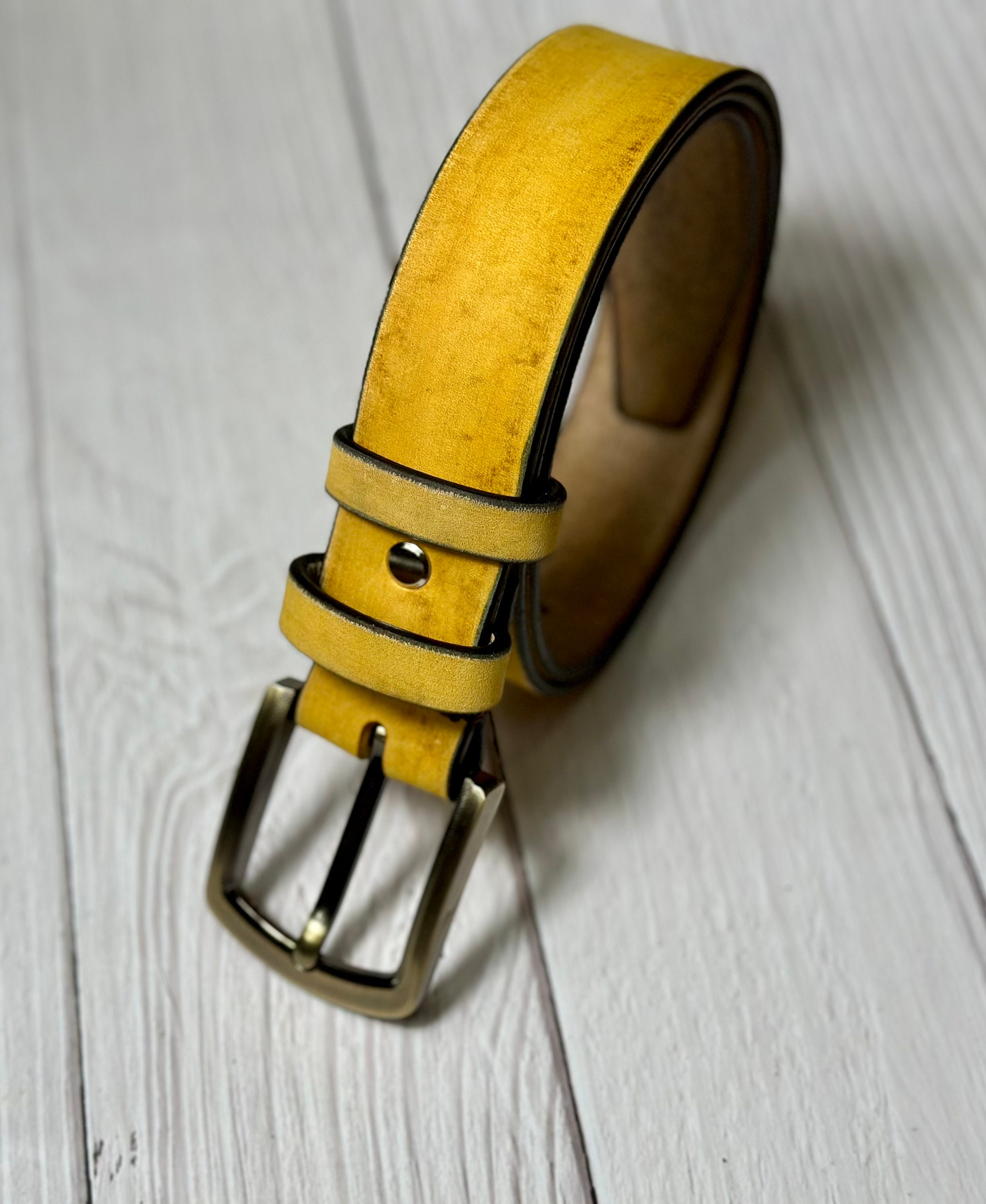 Custom Handmade Leather Belt: Yellow Italian Ink, Brass  display picture 3