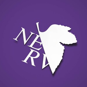 May include: A white leaf with the word "NERV" written on it, partially obscured by the leaf. The background is a solid purple color.